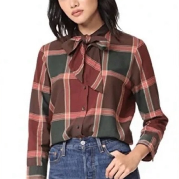 Madewell Plaid Tie-Neck Shirt Brown/Plum Cranberry - M - Picture 5 of 15
